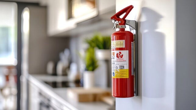Fire extinguisher mounted on a kitchen wall for quick access.