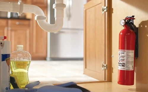 Fire extinguisher mounted inside a kitchen cabinet under a sink, next to cleaning supplies and visible plumbing pipes