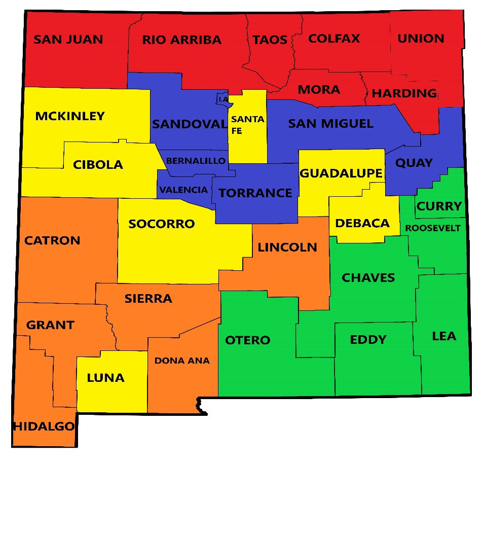 Color-coded map of New Mexico counties grouped by regions. Northern counties (San Juan, Rio Arriba, Taos, Colfax, Union, Mora, and Harding) are shaded red. Central counties including Sandoval, Bernalillo, Valencia, Torrance, San Miguel, and Quay are shaded blue. Western and central counties such as McKinley, Cibola, Socorro, Santa Fe, Guadalupe, DeBaca, and Luna are shaded yellow. Southwestern and south-central counties including Catron, Grant, Hidalgo, Sierra, Doña Ana, and Lincoln are shaded orange. Southeastern counties including Curry, Roosevelt, Chaves, Eddy, Lea, and Otero are shaded green. Each county is labeled by name with clear boundary lines.